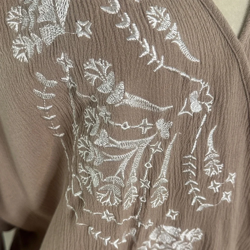 Phanuel Cold Shoulder Beige Blouse with White Floral Embroidery